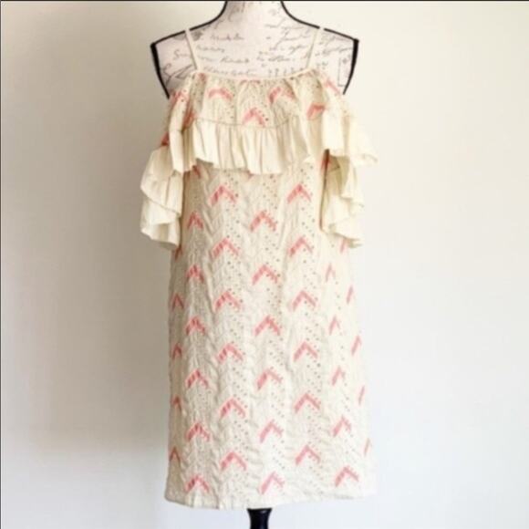 NEW PEPIN Zadie Ruffle Off Shoulder Tank TOP Cream Pink Chevron Eyelet Dress 2 - Picture 2 of 7